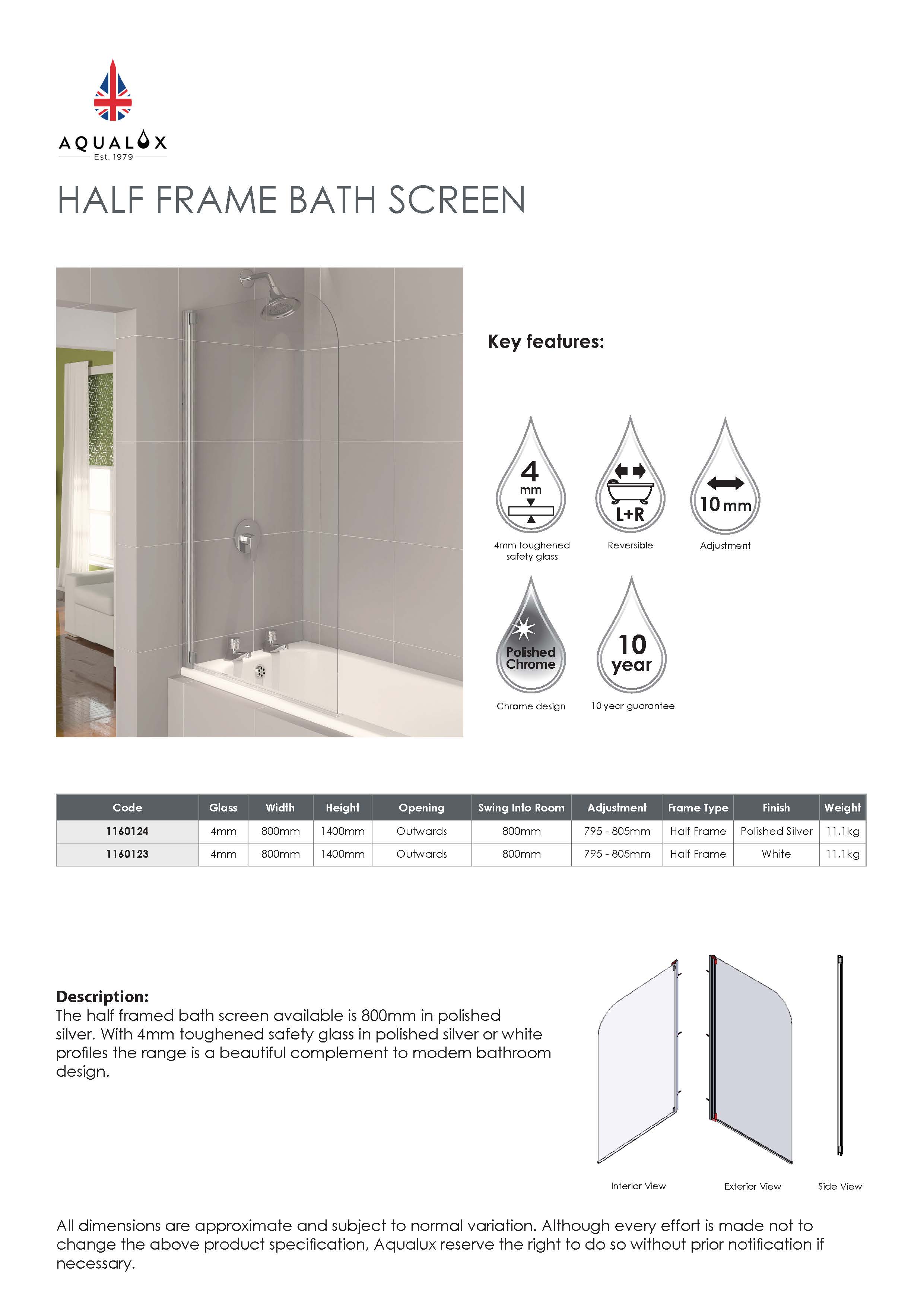 Aqualux AQUA 4 Screen 840mm x 1400mm x 4mm, White Frame, Bath Screens